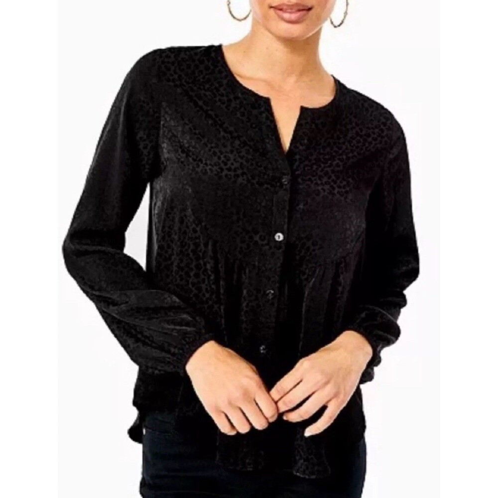 Lilly Pulitzer HENSLEY Onyx Leopard Print Blouse Button Down XS